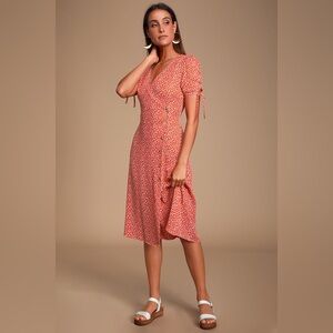 Lulus Rust Orange Gauze Woven Tie Sleeves Kiss & Pastel Wrap Dress - Size Large